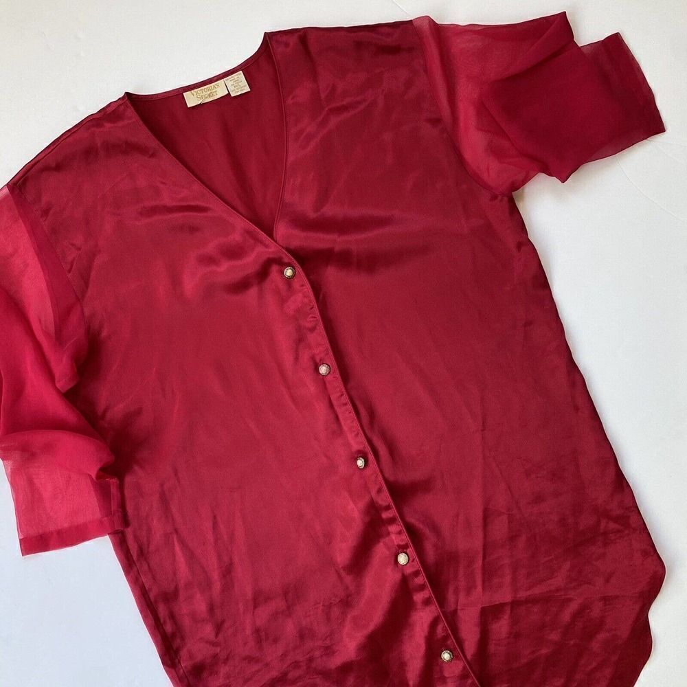 Vintage Victoria's Secret Sheer Arms Sleep Night Shirt Button Front Red Size M/L